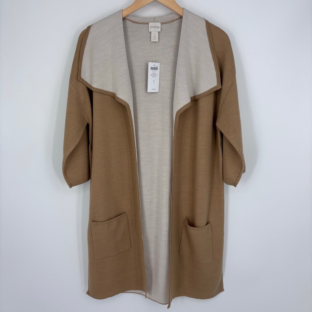 Chicos Jane Open Front Sweater Jacket 3/4 Sleeve Arabian Camel Women Size 1 NEW